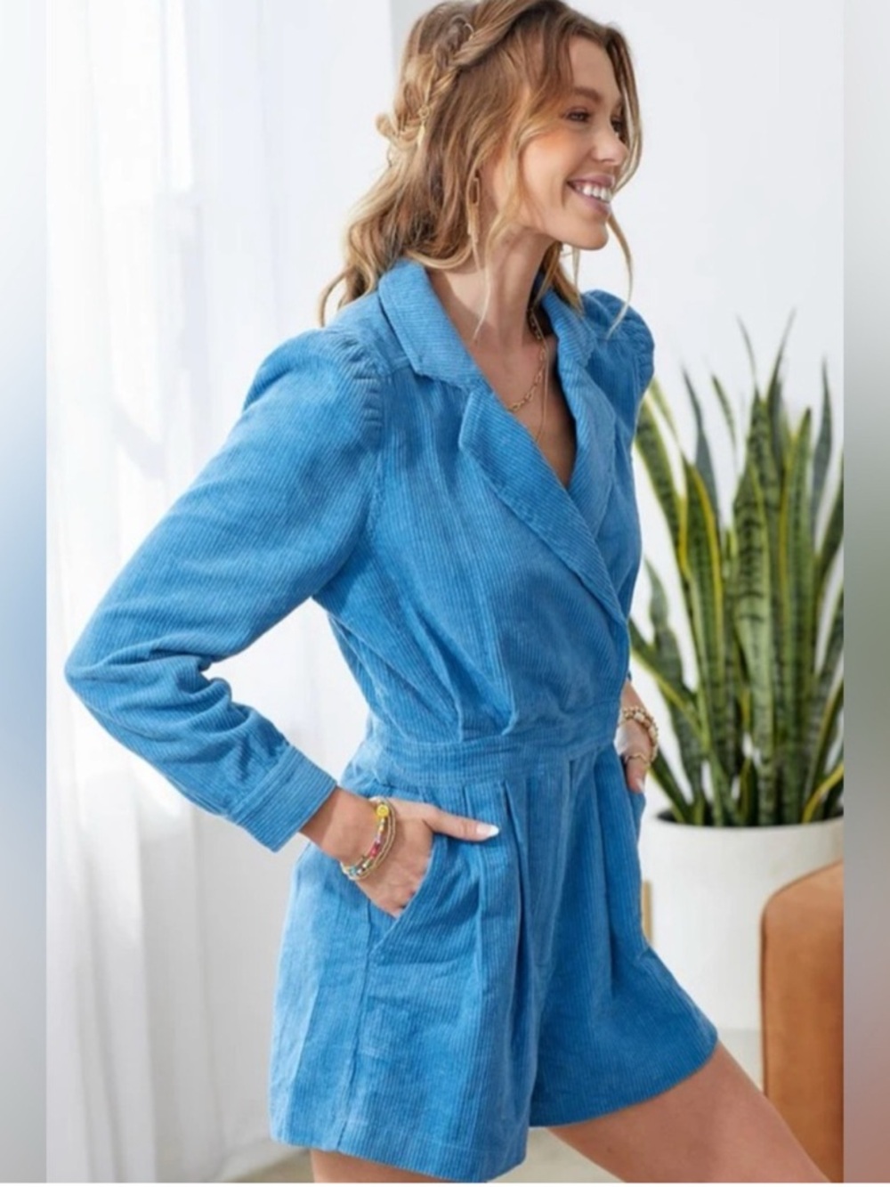 Women's Light Blue Corduroy Wrap Romper with Belted Waist - Picture 2 of 5